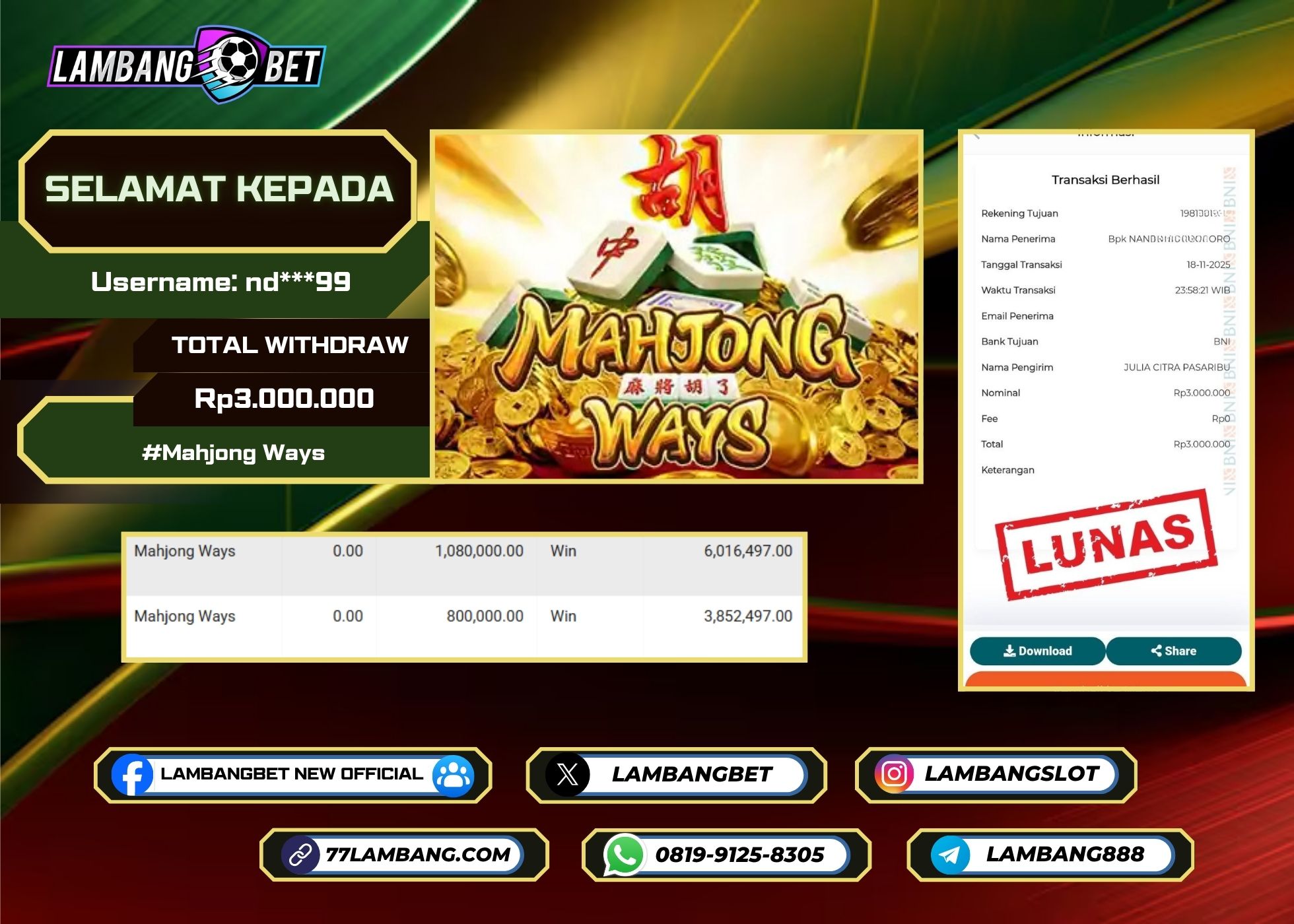 LAMBANGBET [18 NOVEMBER 2025] JACKPOT SLOT Mahjong Ways "Rp3.000.000" LUNAS